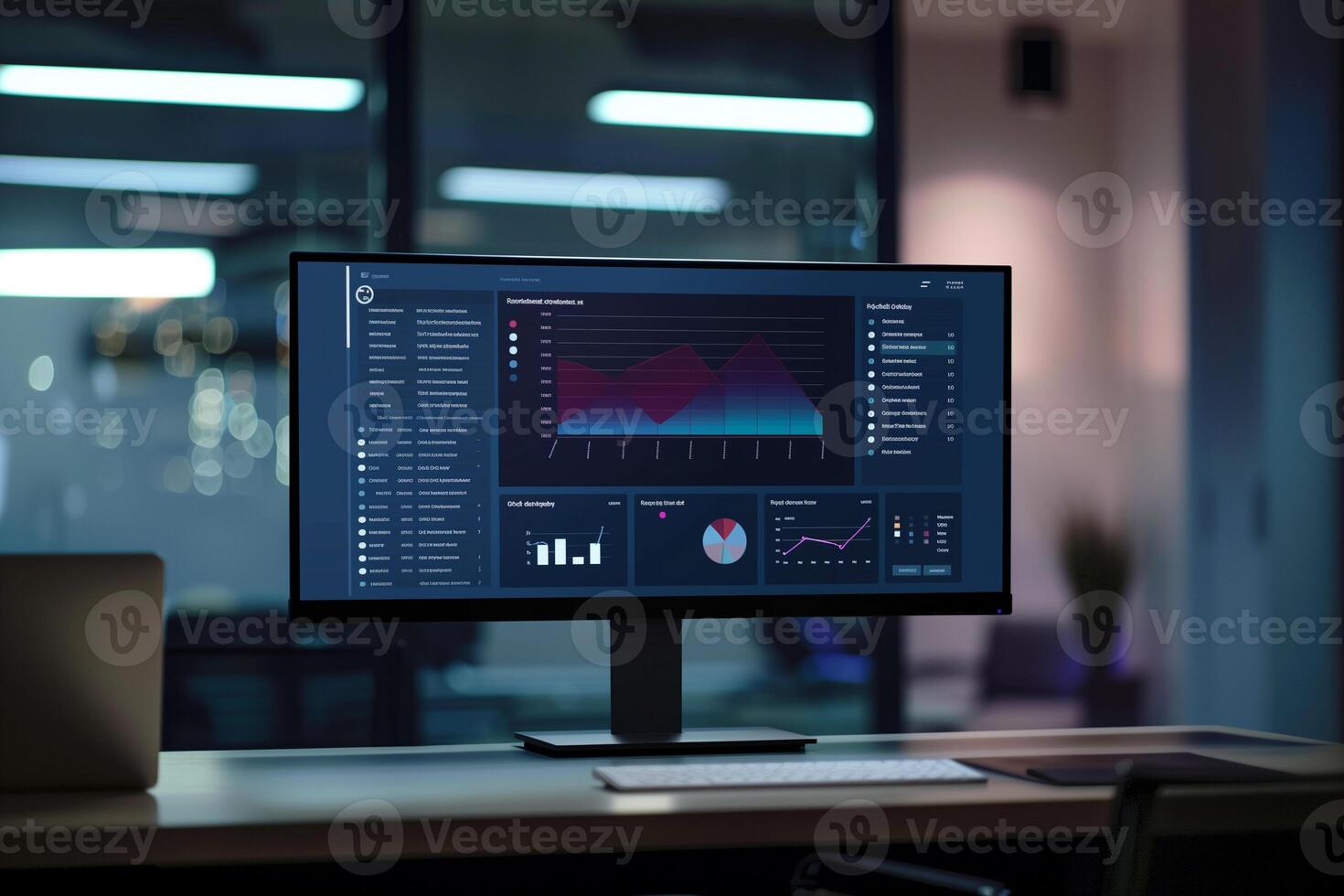 AI generated Business graph on computer screen in dark office photo