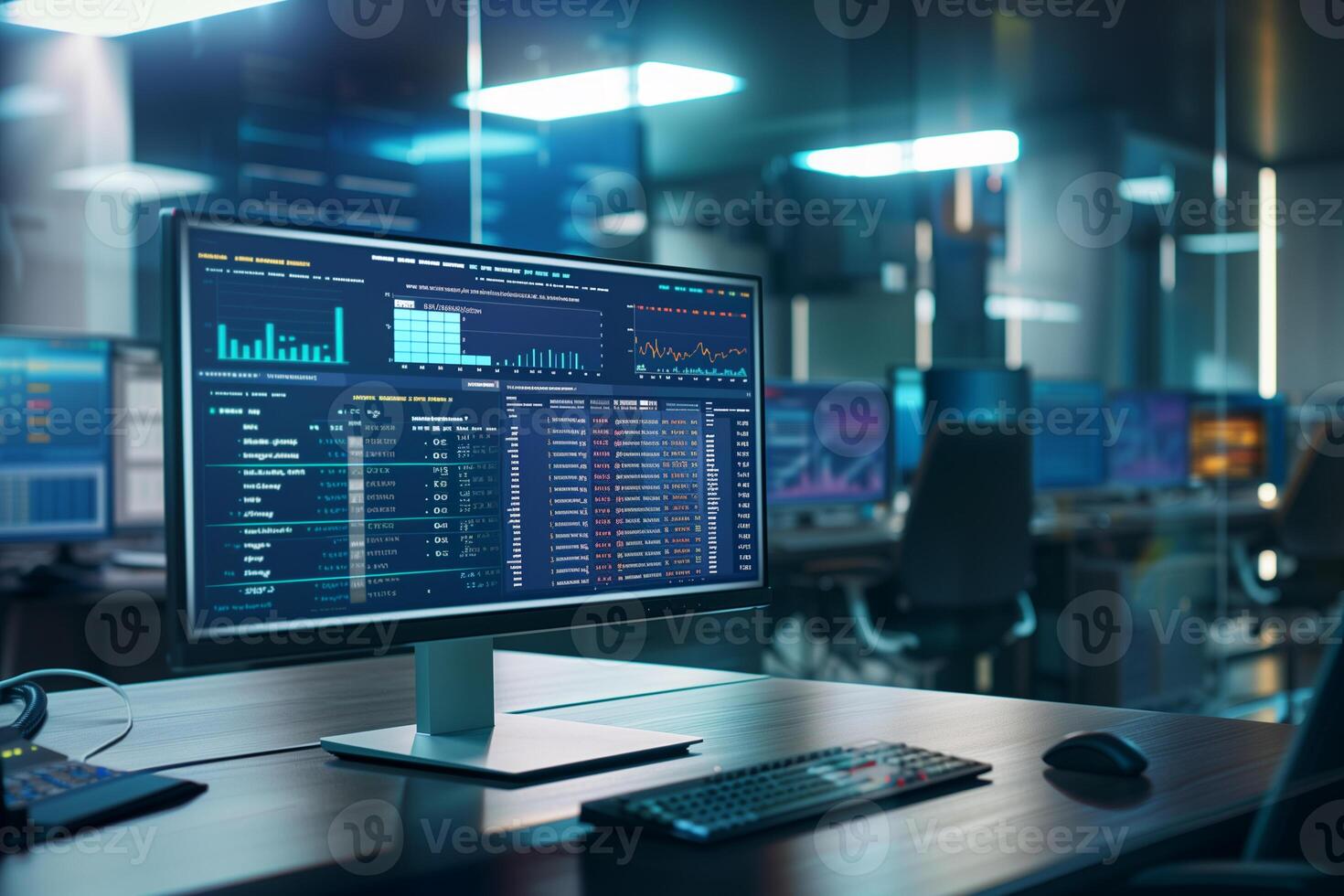 AI generated Business graph on computer screen in dark office photo