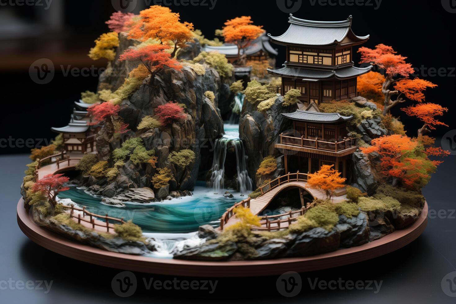 AI generated 3D render of Japanese garden and pagoda on black background photo
