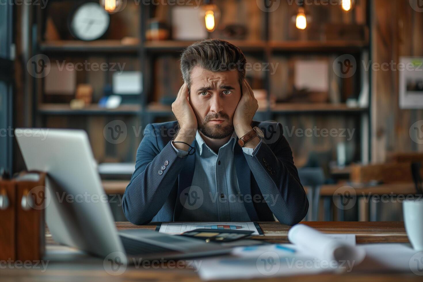 AI generated Upset and tired male employee at work in the office who is worried about unfinished reports photo