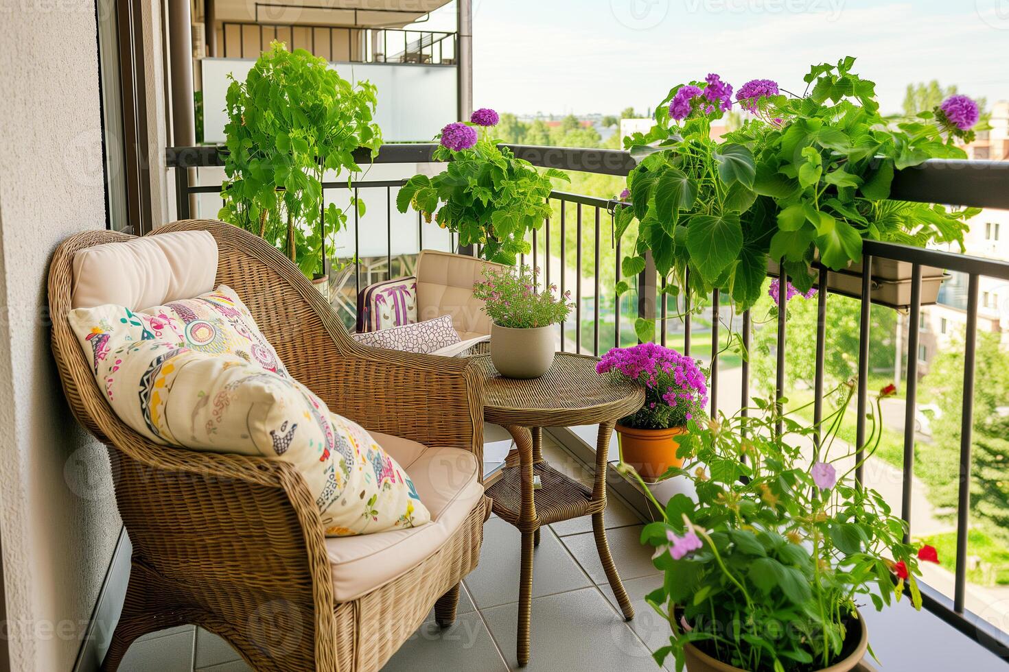ai generado acogedor patio balcón, asientos zona con mimbre mueble y muchos plantas foto