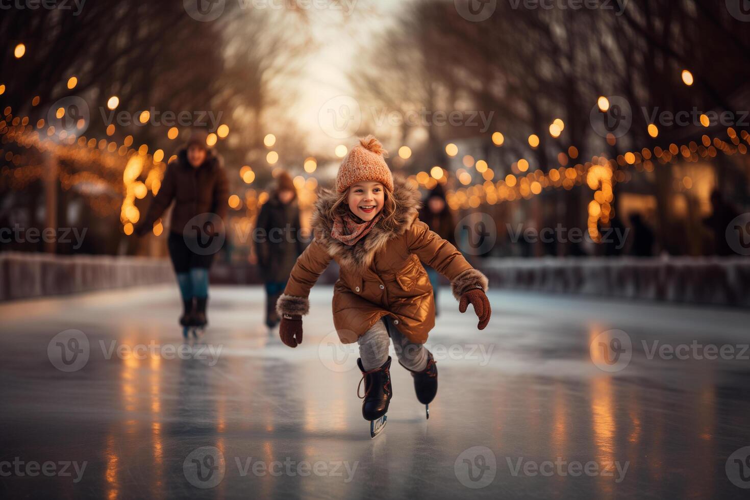 AI generated little happy girl skating on an ice rink in winter photo