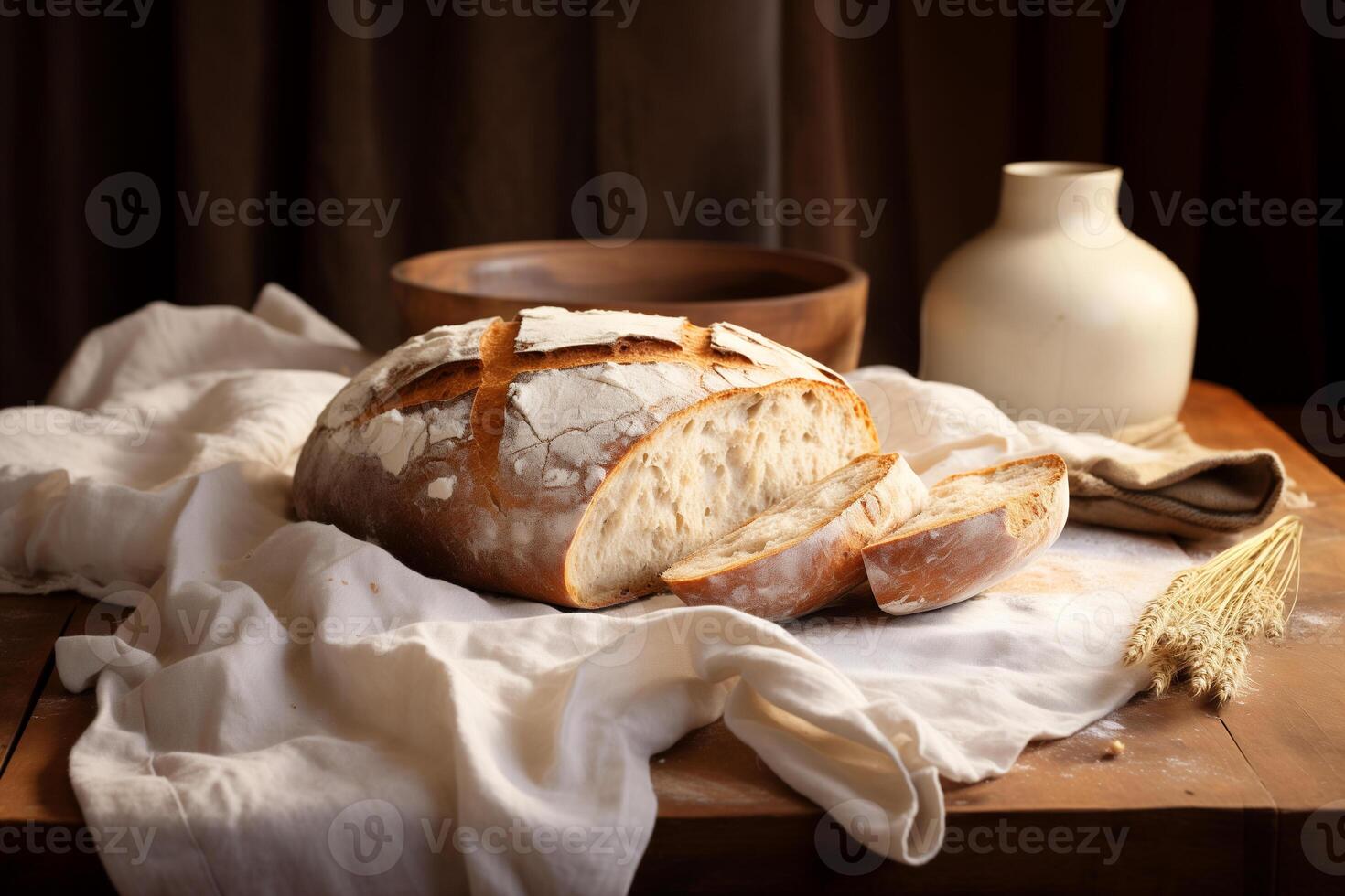 AI generated freshly baked rustic bread on a napkin on a wooden background photo