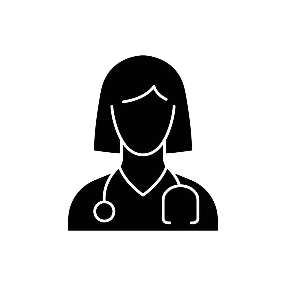 Doctor icon. Simple solid style. Medic, physician, professional, medicine, lady, woman, female, stethoscope, health concept. Black silhouette, glyph symbol. Vector illustration isolated.