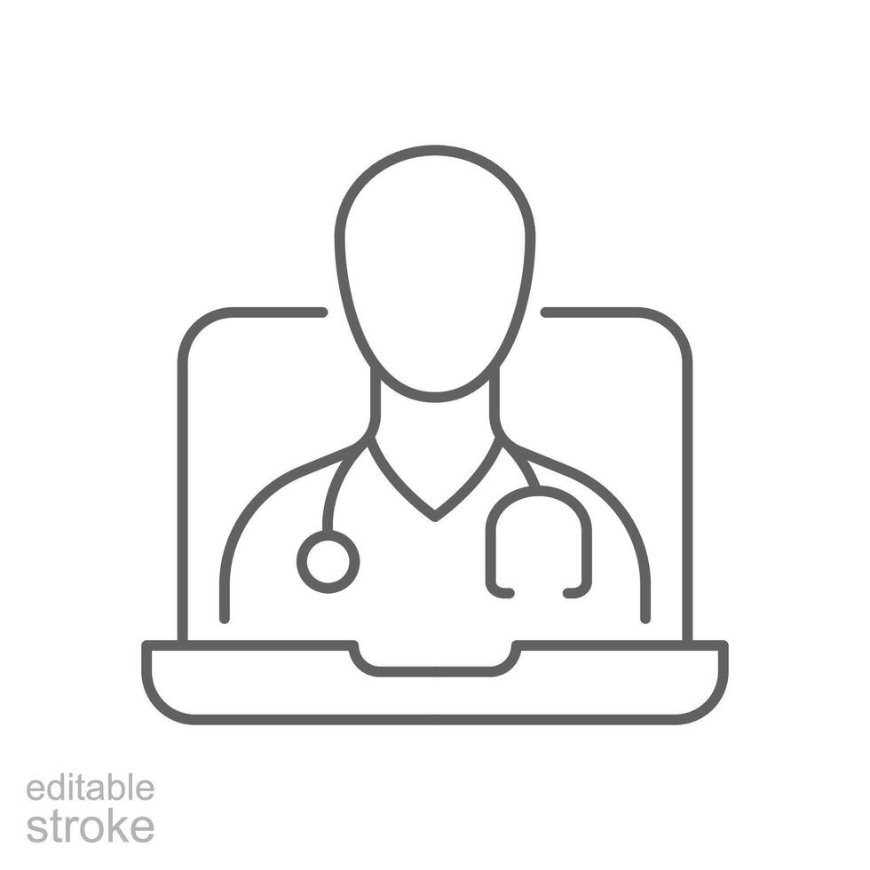 Telemedicine icon. Simple outline style. Telehealth virtual visit, video visit with male doctor on laptop computer, healthcare concept. Thin line symbol. Vector illustration isolated. Editable stroke.