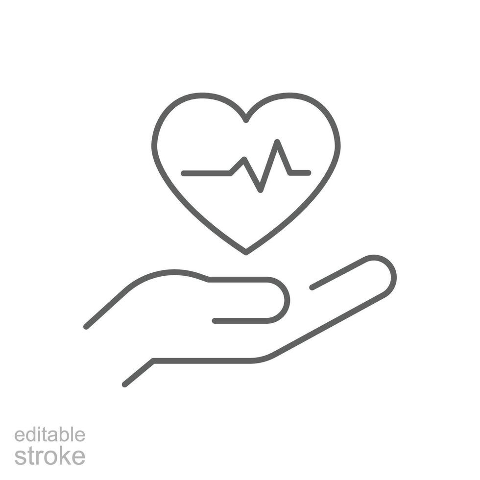 Prevent heart attack icon. Simple outline style. Heart health cardiology care, prevention, hand with heart pulse, safety concept. Thin line symbol. Vector illustration isolated. Editable stroke.