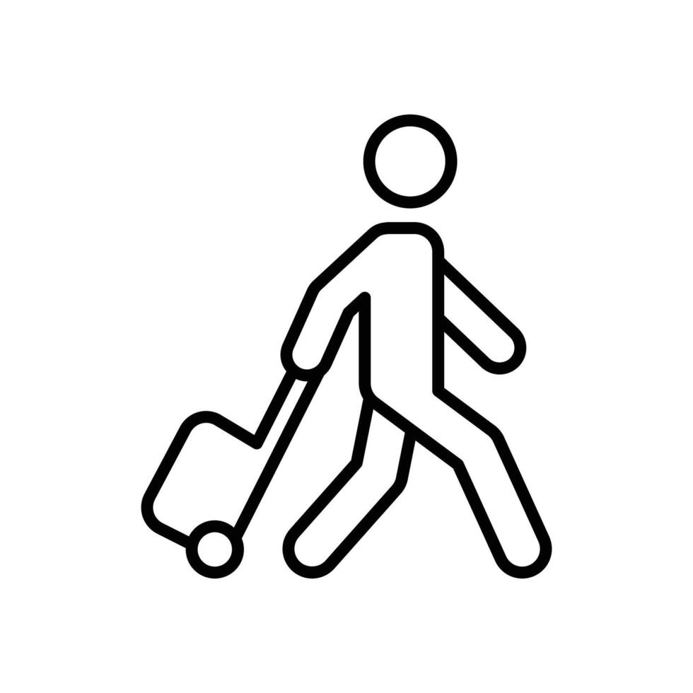 Traveler man icon. Simple outline style. Passenger pulling rolling bag, business trip, vacation, tourism concept. Thin line symbol. Vector illustration isolated.