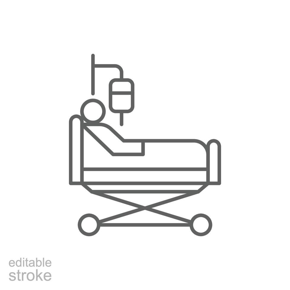 Man in a hospital bed icon. Simple outline style. Patient, person, sick man, ill, ward, lying, health, medical concept. Thin line symbol. Vector illustration isolated. Editable stroke.