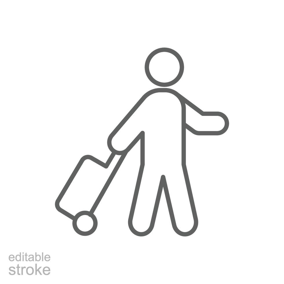 Traveler man icon. Simple outline style. Passenger pulling rolling bag, business trip, vacation, tourism concept. Thin line symbol. Vector illustration isolated. Editable stroke.