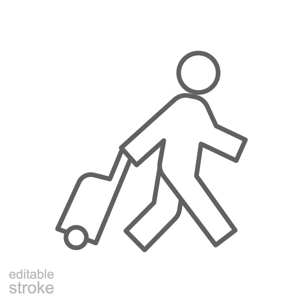 Traveler man icon. Simple outline style. Passenger pulling rolling bag, business trip, vacation, tourism concept. Thin line symbol. Vector illustration isolated. Editable stroke.