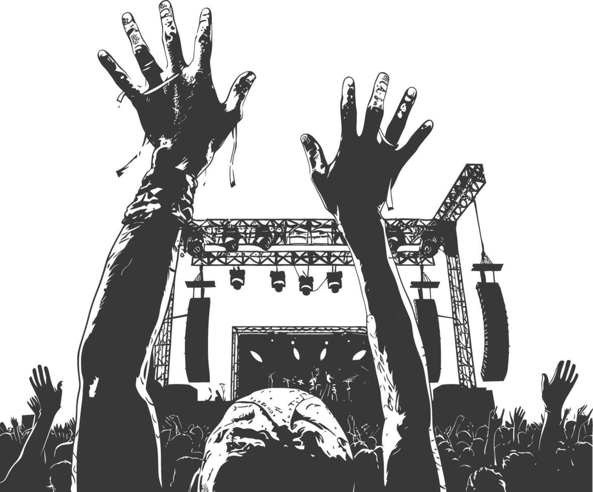 AI generated Silhouette hands raised at a music festival black color only vector