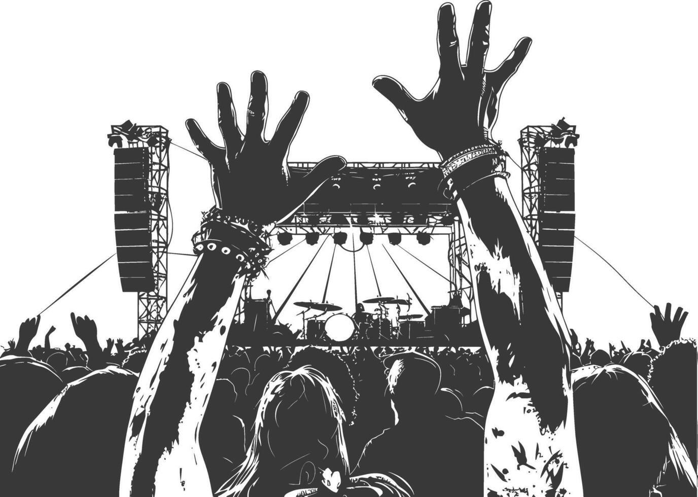 AI generated Silhouette hands raised at a music festival black color only vector