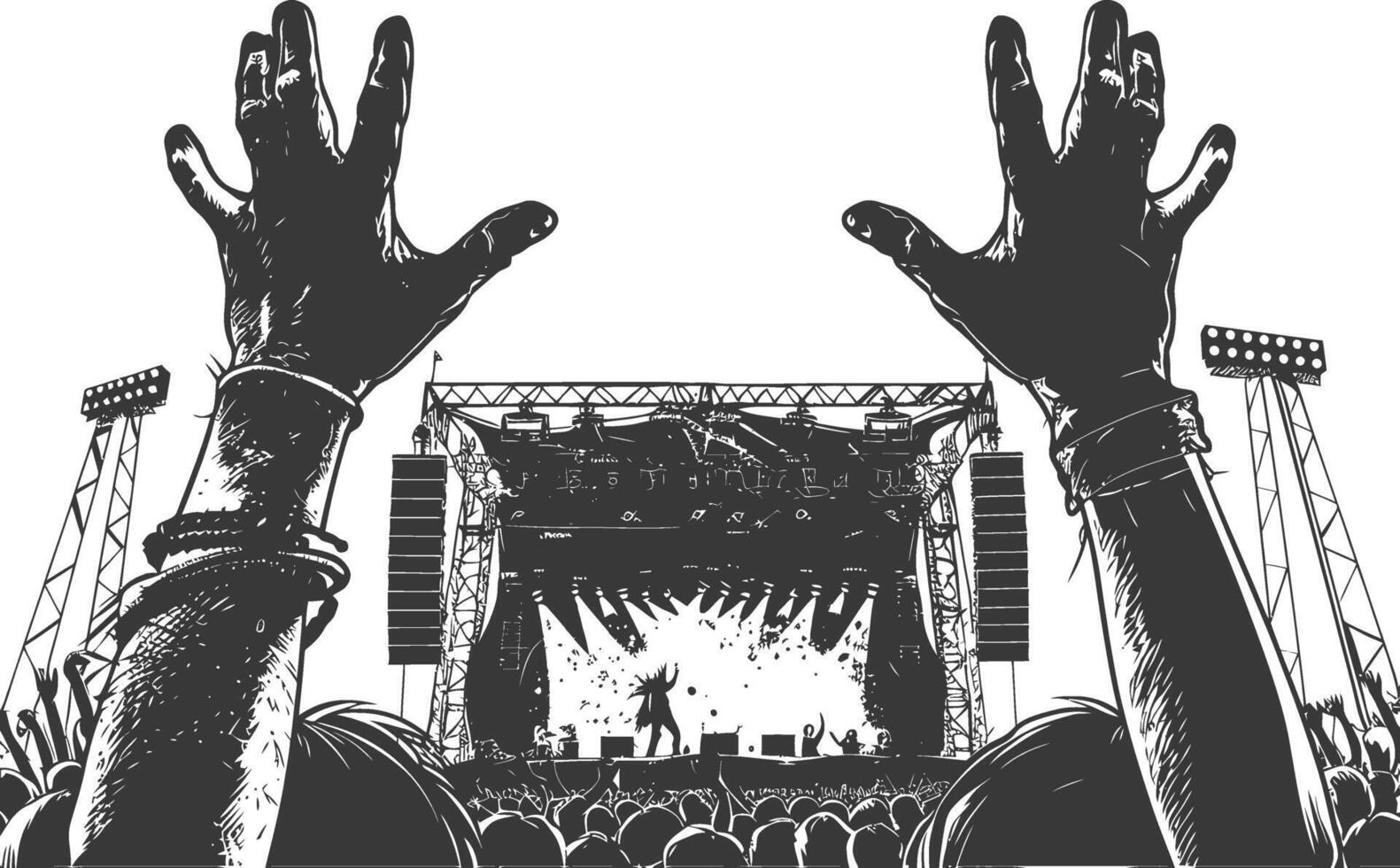 AI generated Silhouette hands raised at a music festival black color only vector