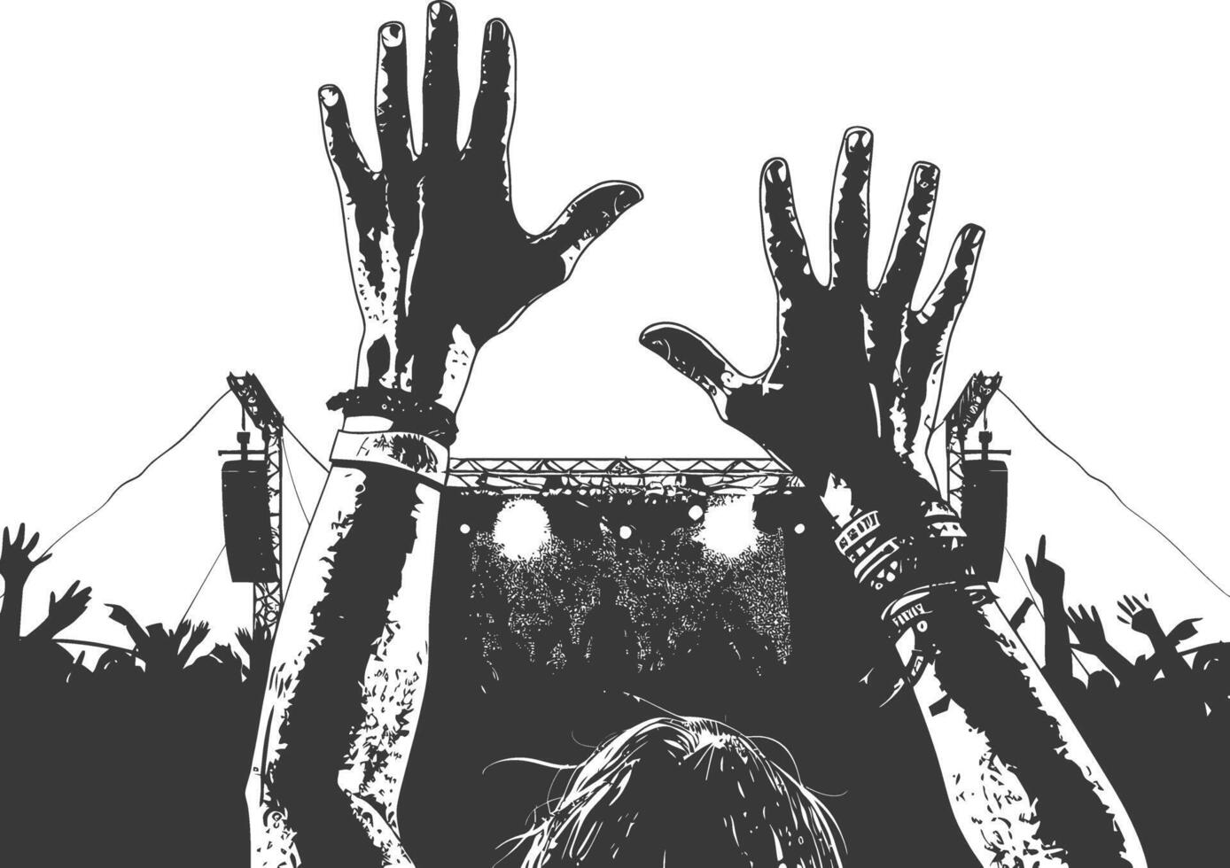 AI generated Silhouette hands raised at a music festival black color only vector