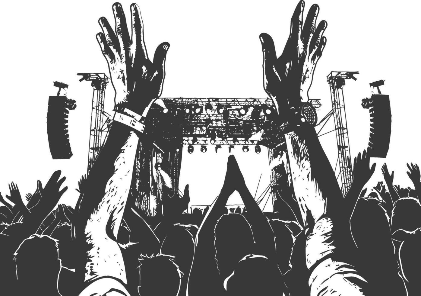 AI generated Silhouette hands raised at a music festival black color only vector