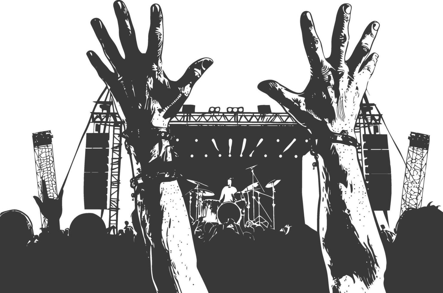 AI generated Silhouette hands raised at a music festival black color only vector