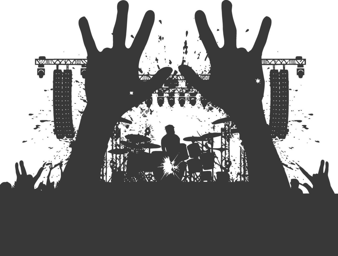 AI generated Silhouette hands raised at a music festival black color only vector