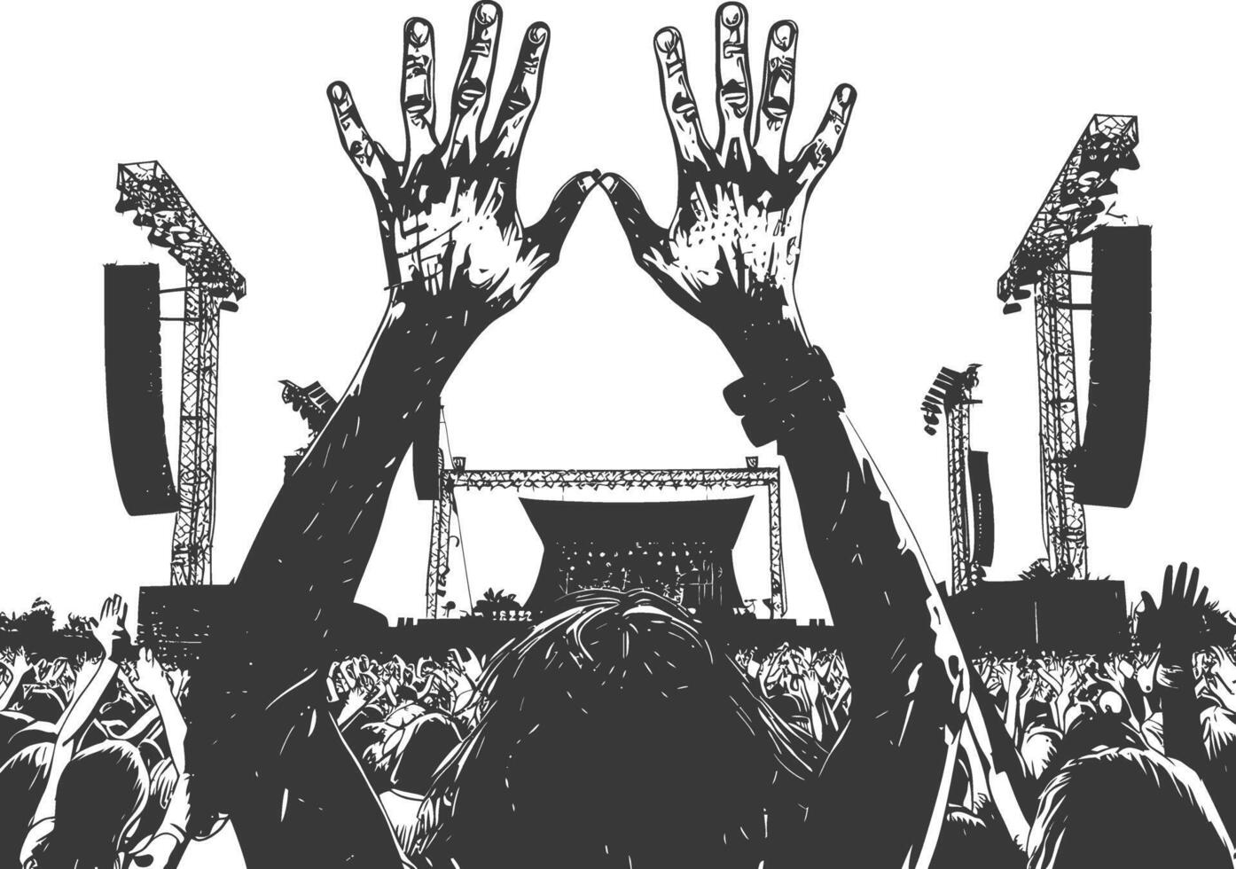 AI generated Silhouette hands raised at a music festival black color only vector