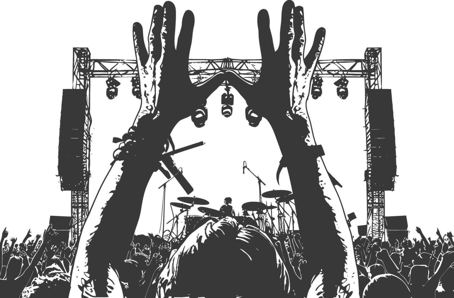 AI generated Silhouette hands raised at a music festival black color only vector