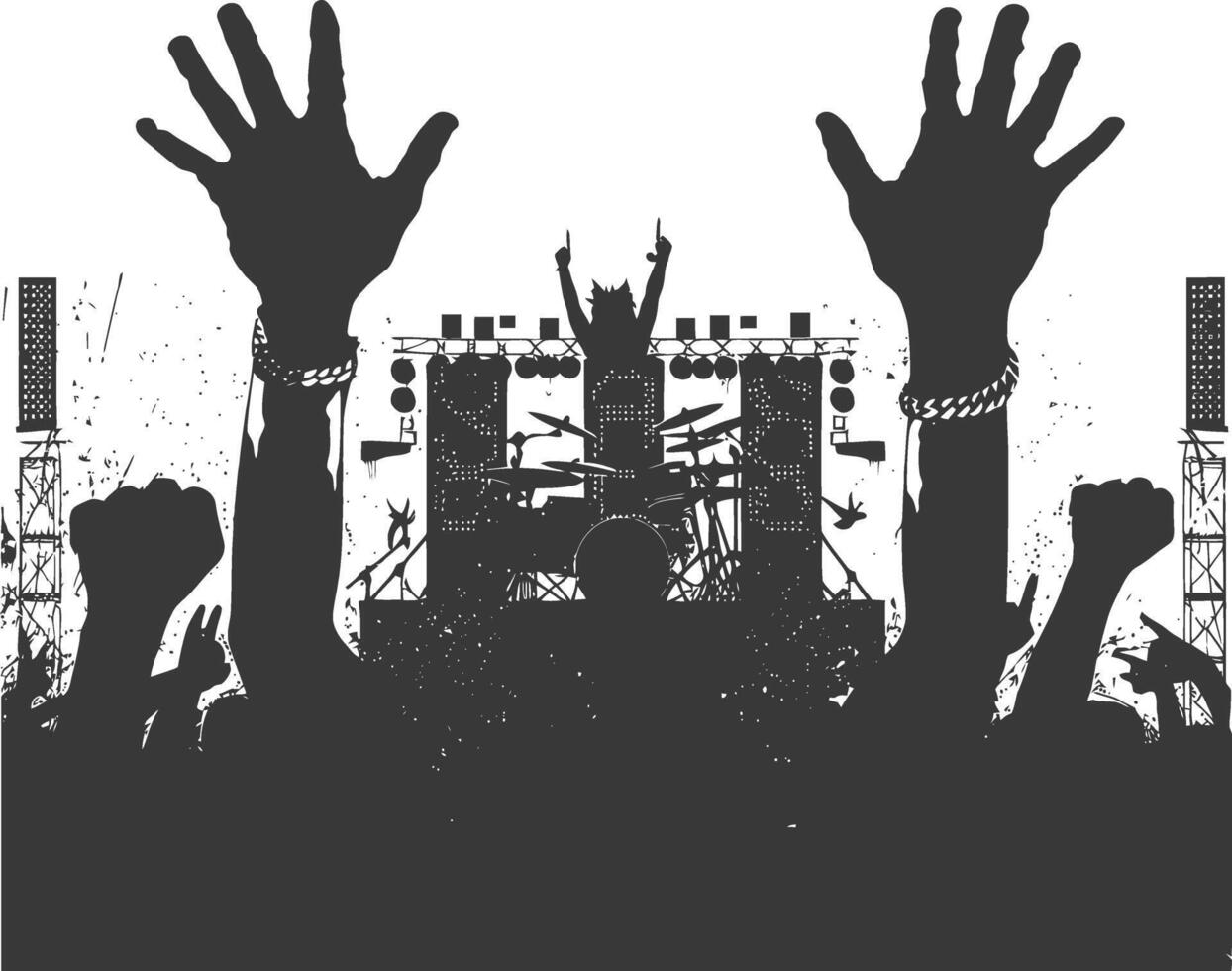 AI generated Silhouette hands raised at a music festival black color only vector