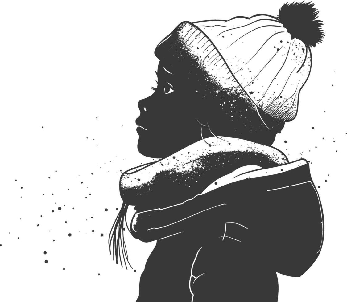 AI generated Silhouette little girl with snow scarf black color only vector