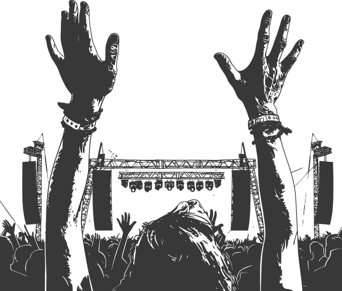 AI generated Silhouette hands raised at a music festival black color only vector