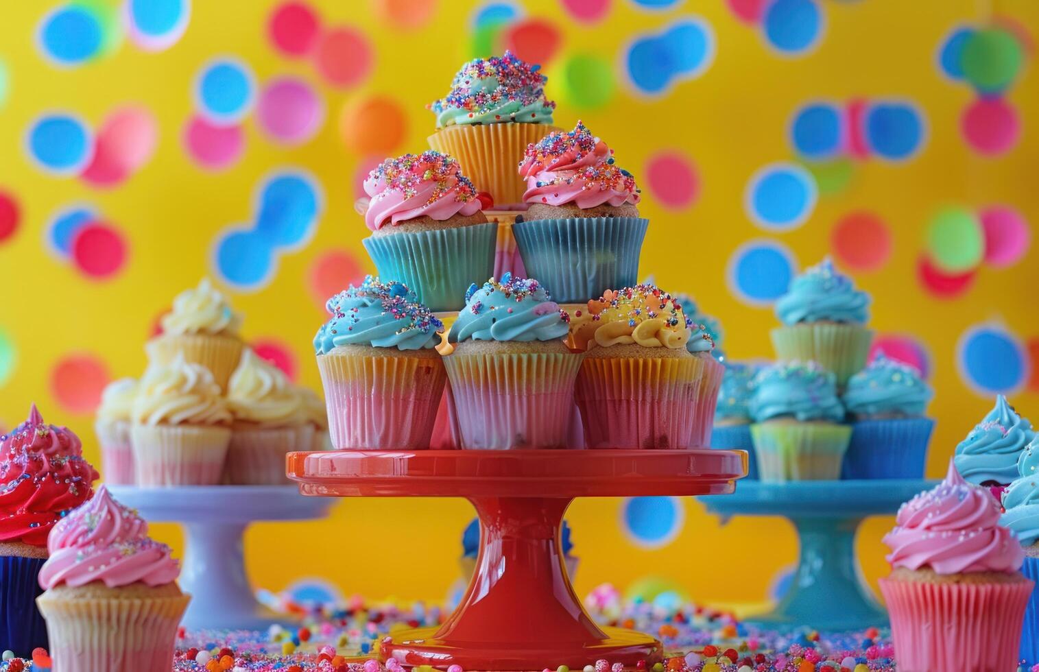 AI generated colorful cupcakes made with confetti and cupcake stand tables of several colors photo