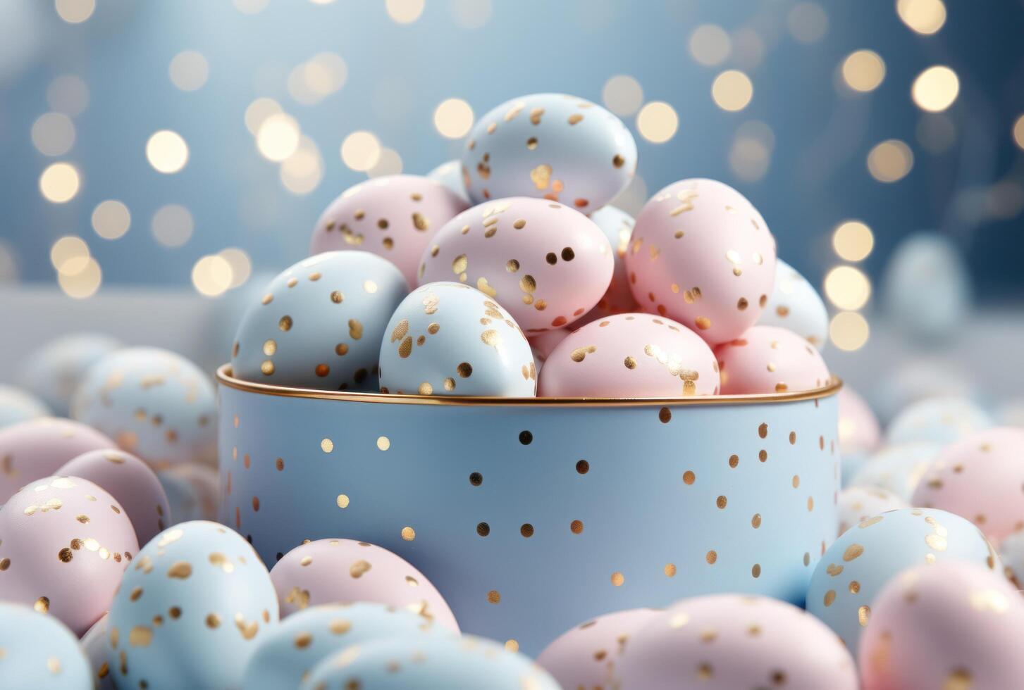 AI generated confetti and gold easter eggs in a blue box photo