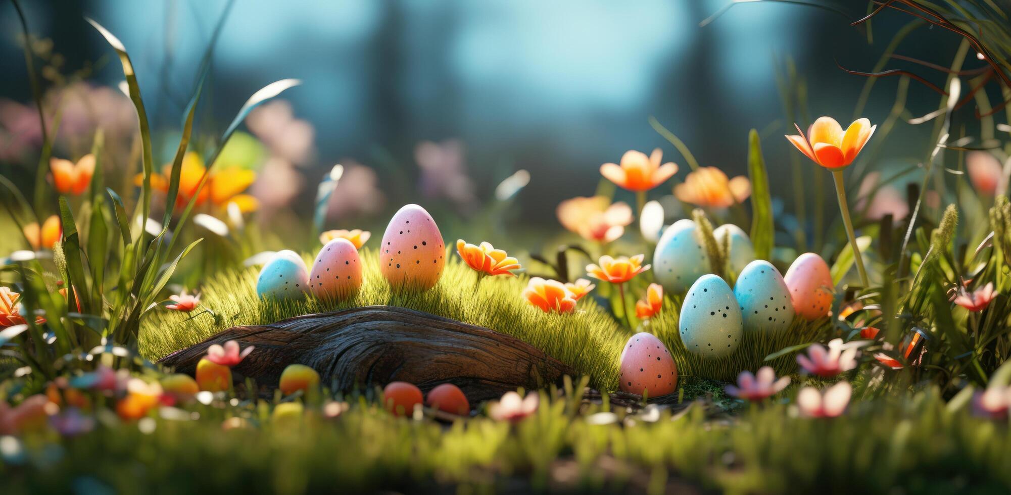 AI generated easter eggs, flower and grass in grass, on wooden table background photo
