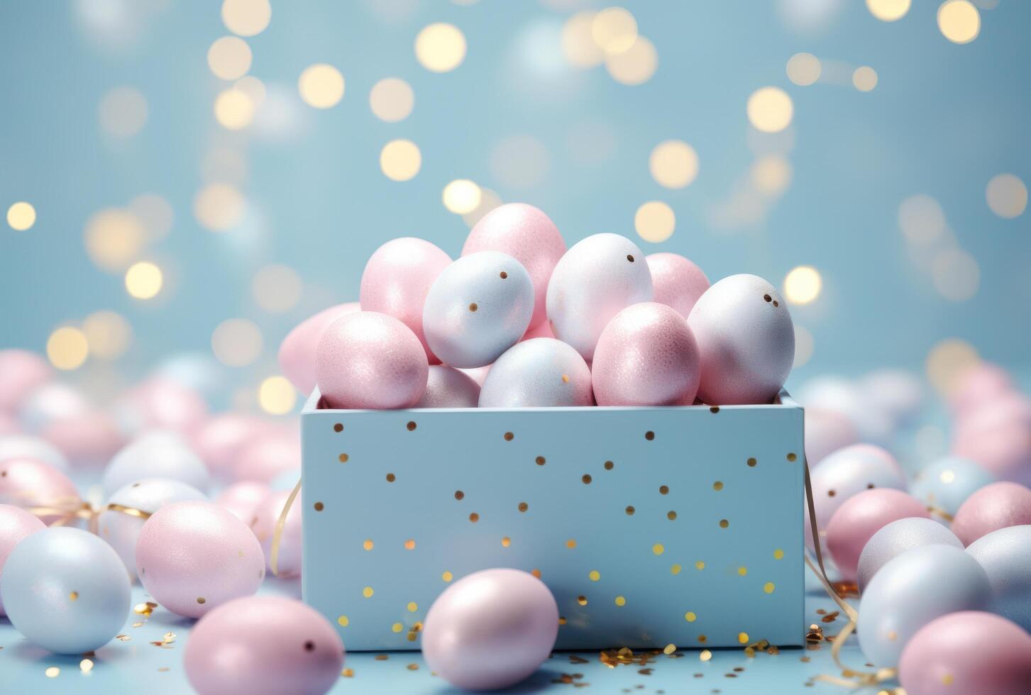 AI generated confetti and gold easter eggs in a blue box photo