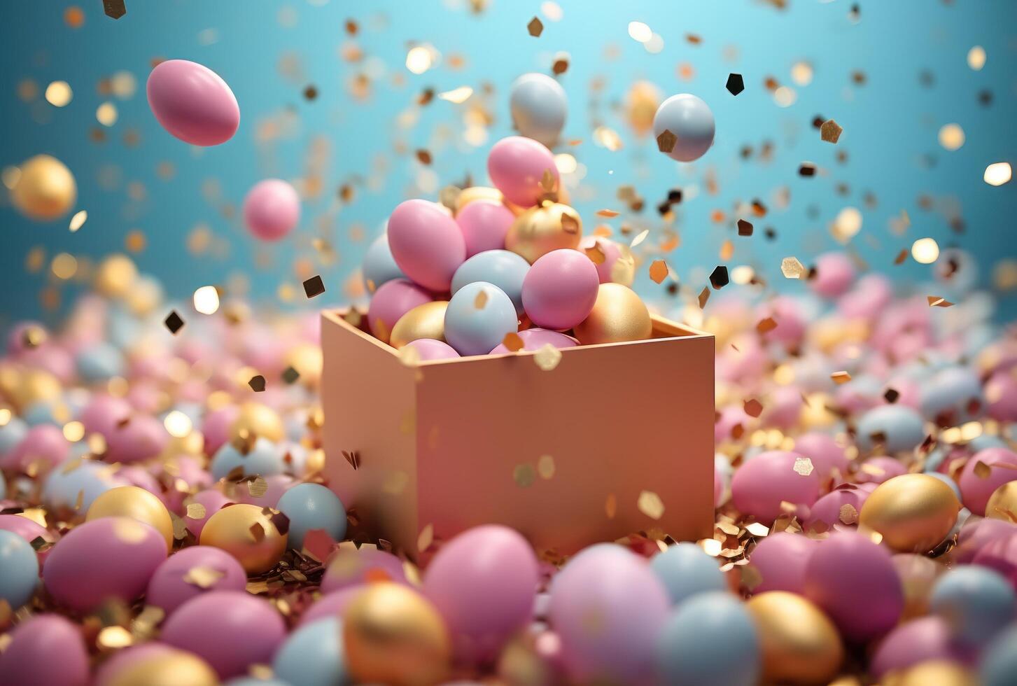 AI generated empty box with colorful easter eggs and confetti on blue background photo