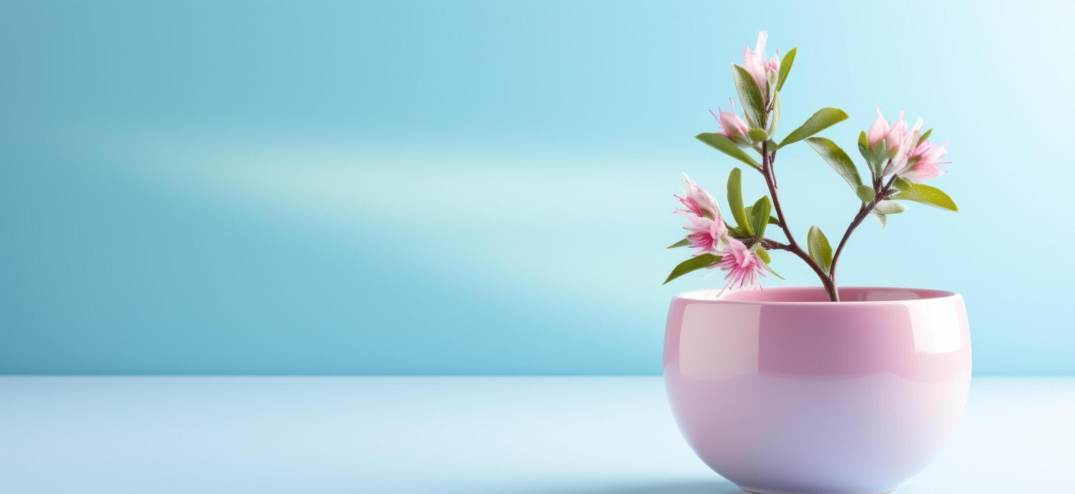 ai generado Pascua de Resurrección huevo en flor taza en el azul antecedentes foto