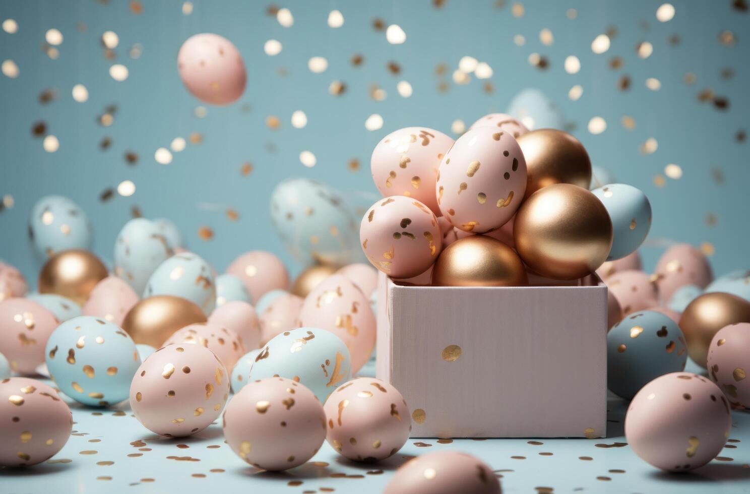 AI generated fresh easter eggs flying from a box on a blue background photo