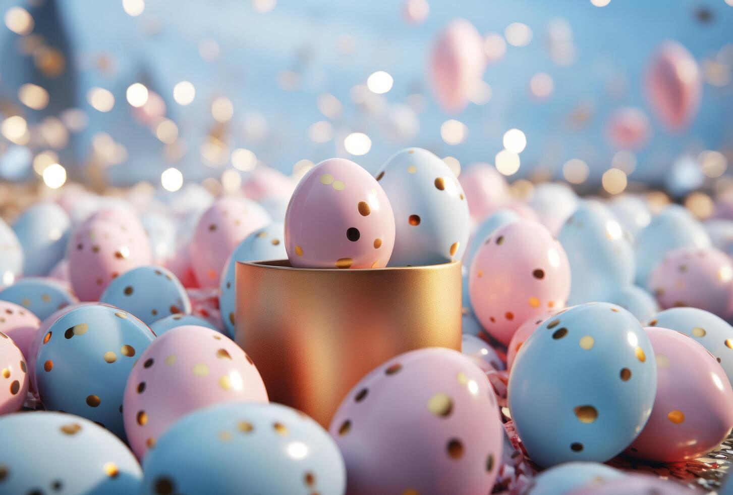 AI generated confetti and gold easter eggs in a blue box photo