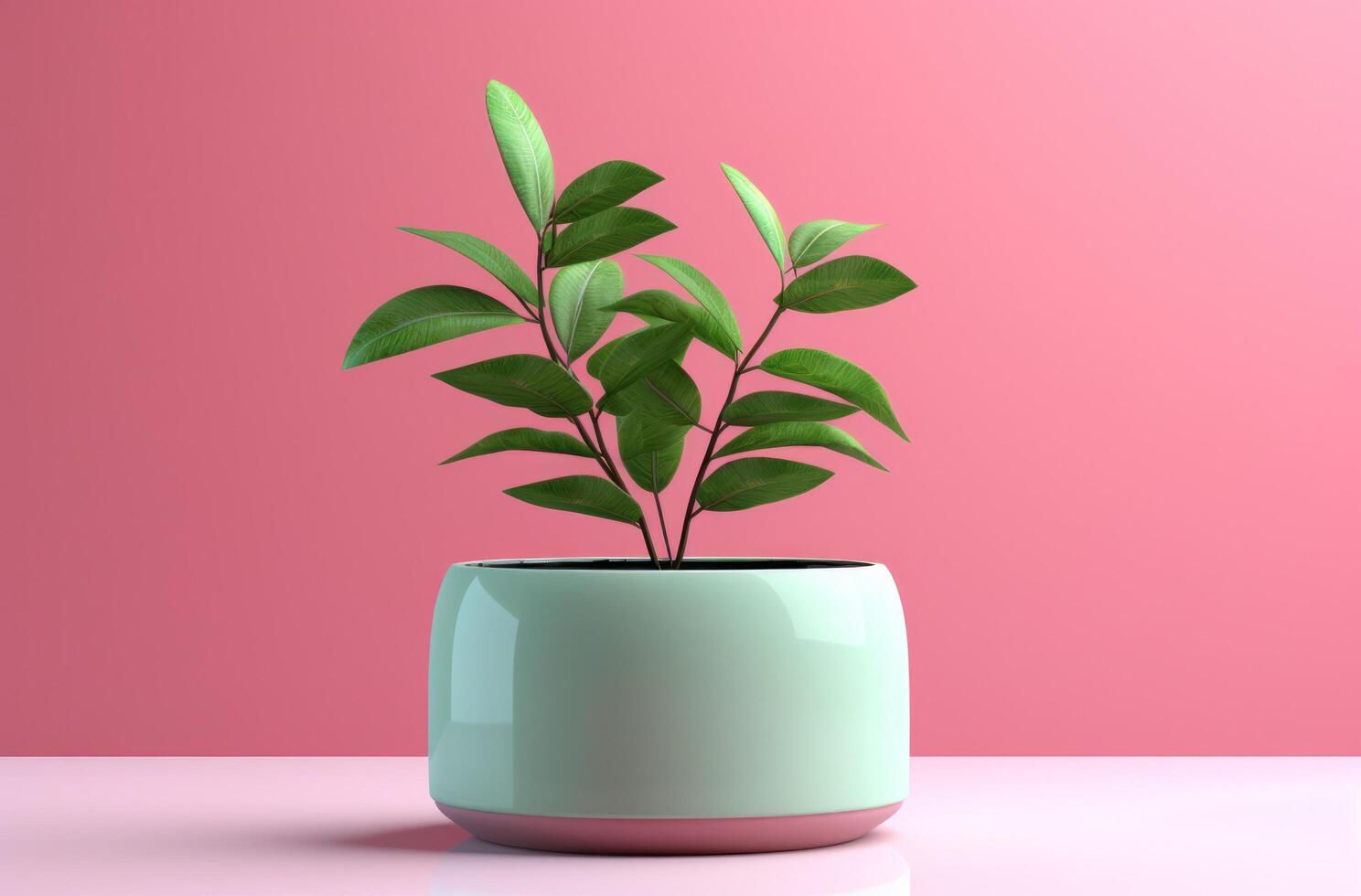 AI generated green flower pot in pink background with green leaf photo