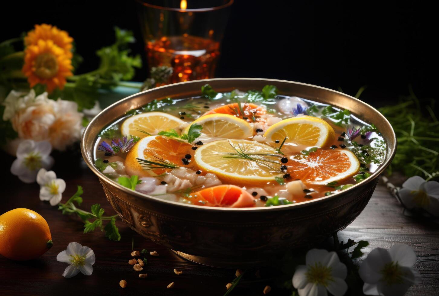 AI generated a bowl of seafood soup is being flavored with lemon photo