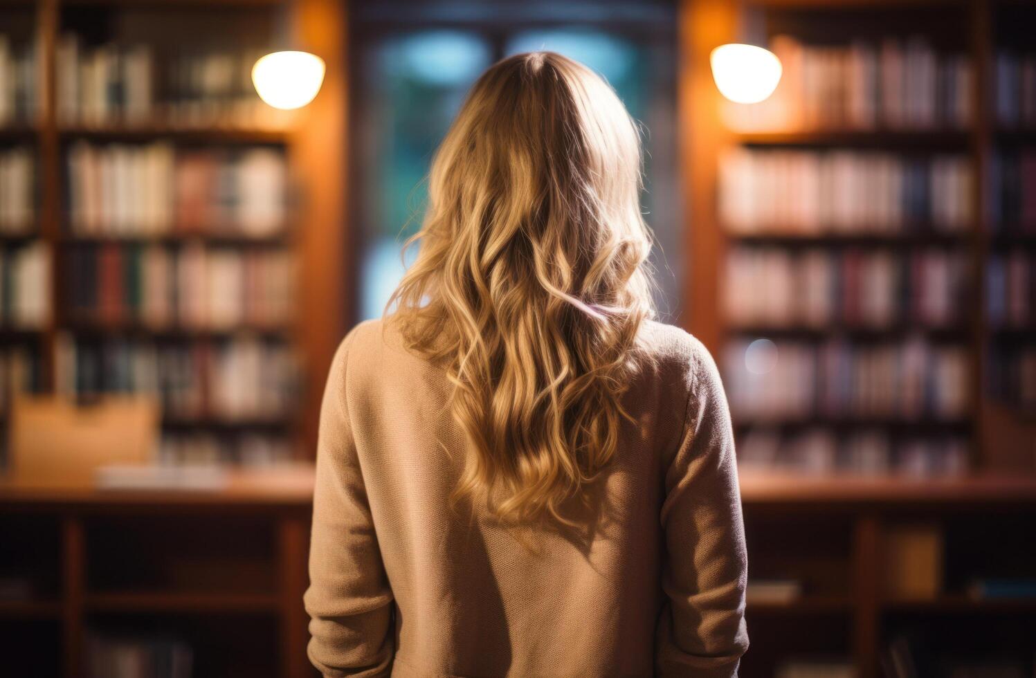 AI generated girl looking back at bookcase photo