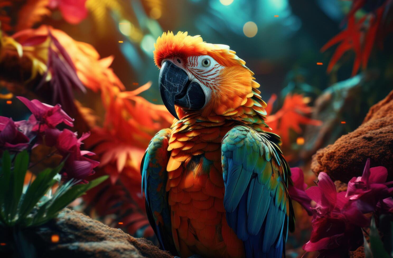 AI generated a parrot sitting near tropical leaves photo