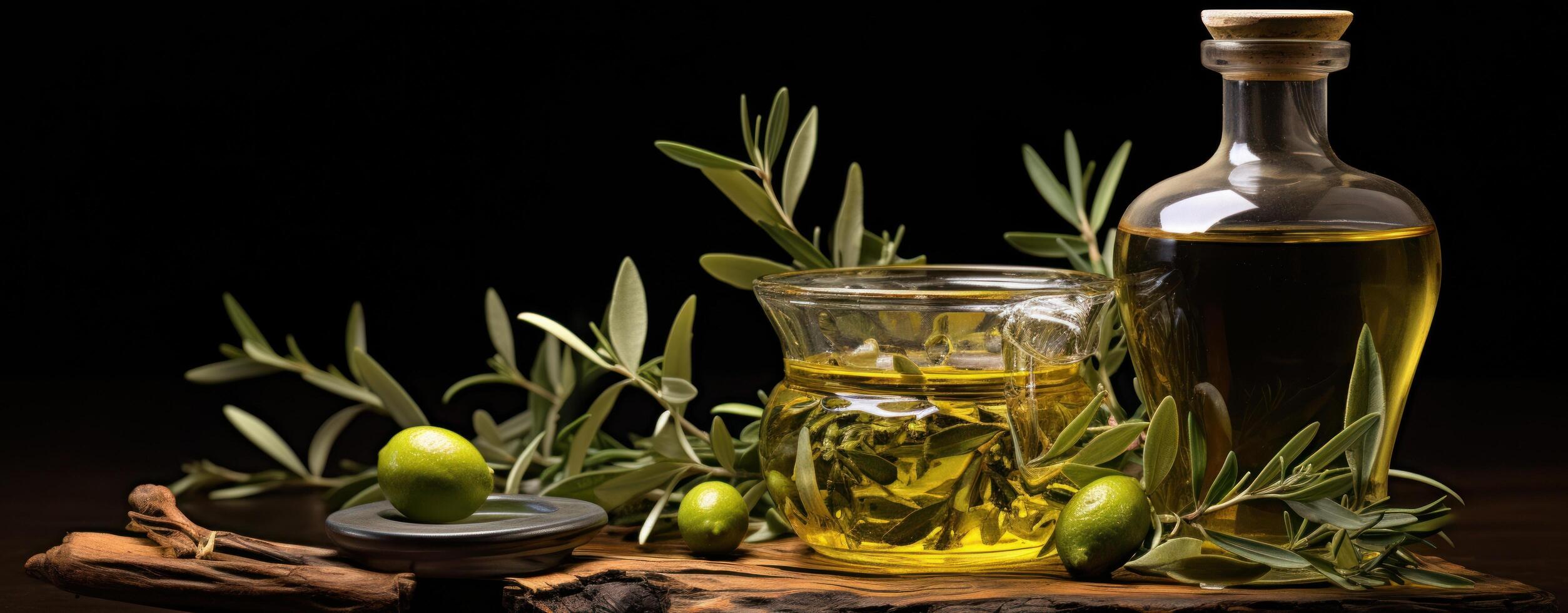 AI generated olive oil and leaves in a glass bottle photo