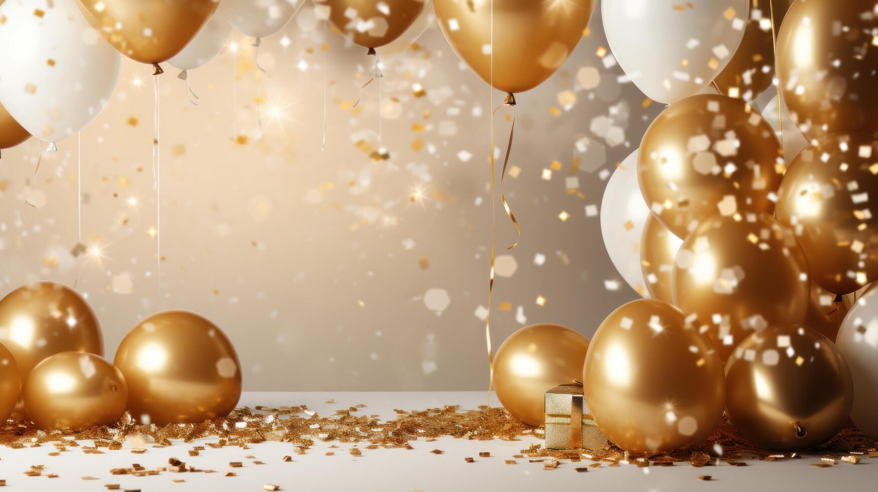 AI generated golden balloons and white confetti spread over the background photo