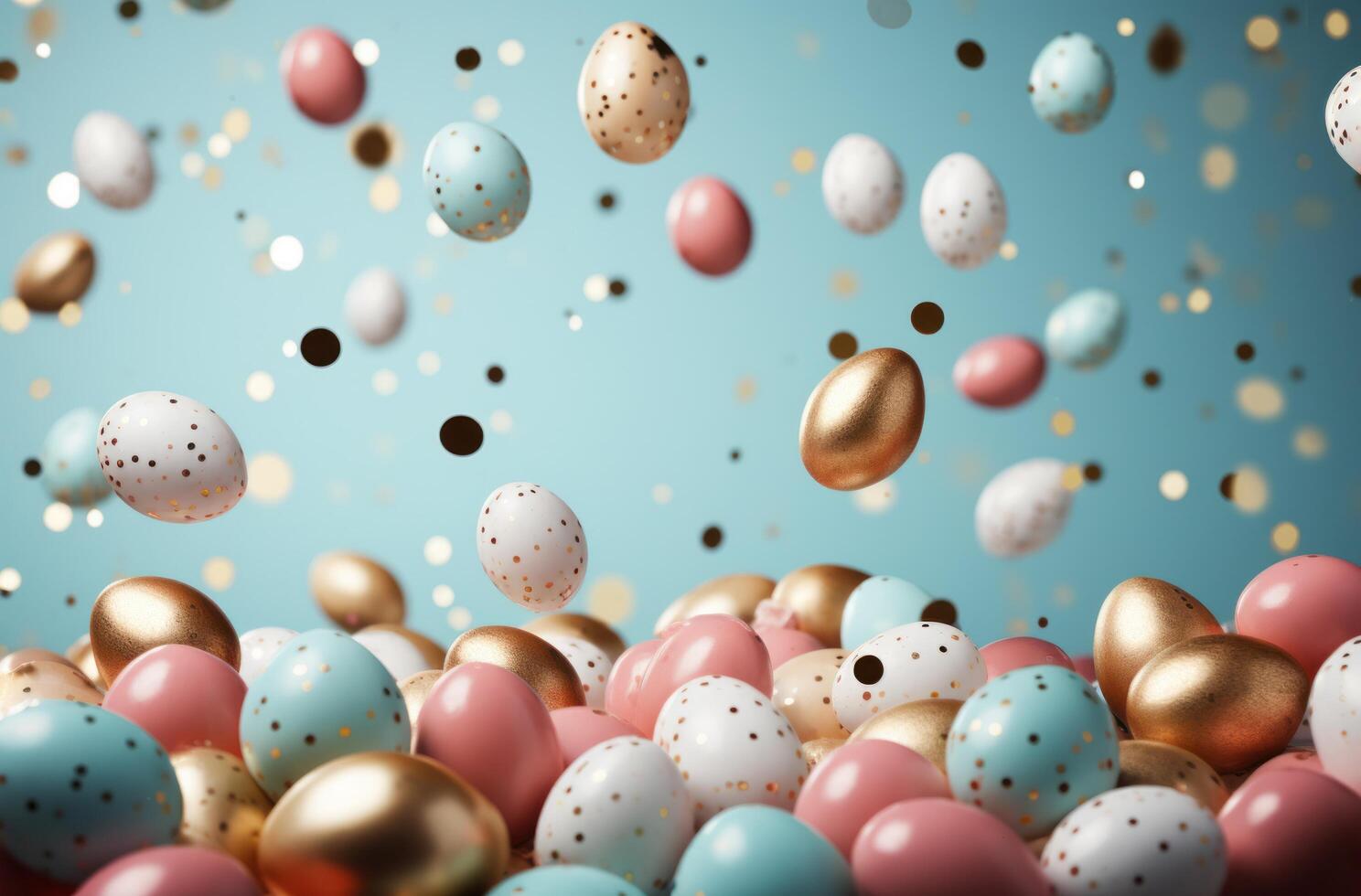 AI generated colorful eggs falling out of a white box on a blue background photo