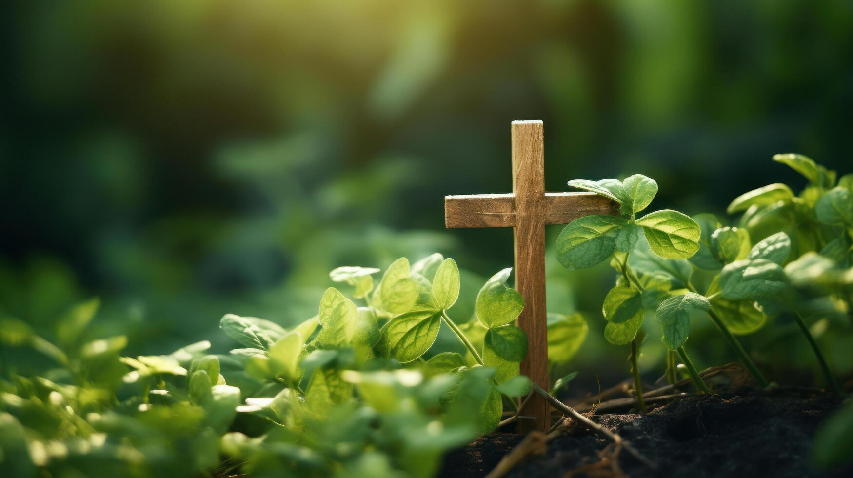 AI generated a wooden cross on top of some green leaves photo