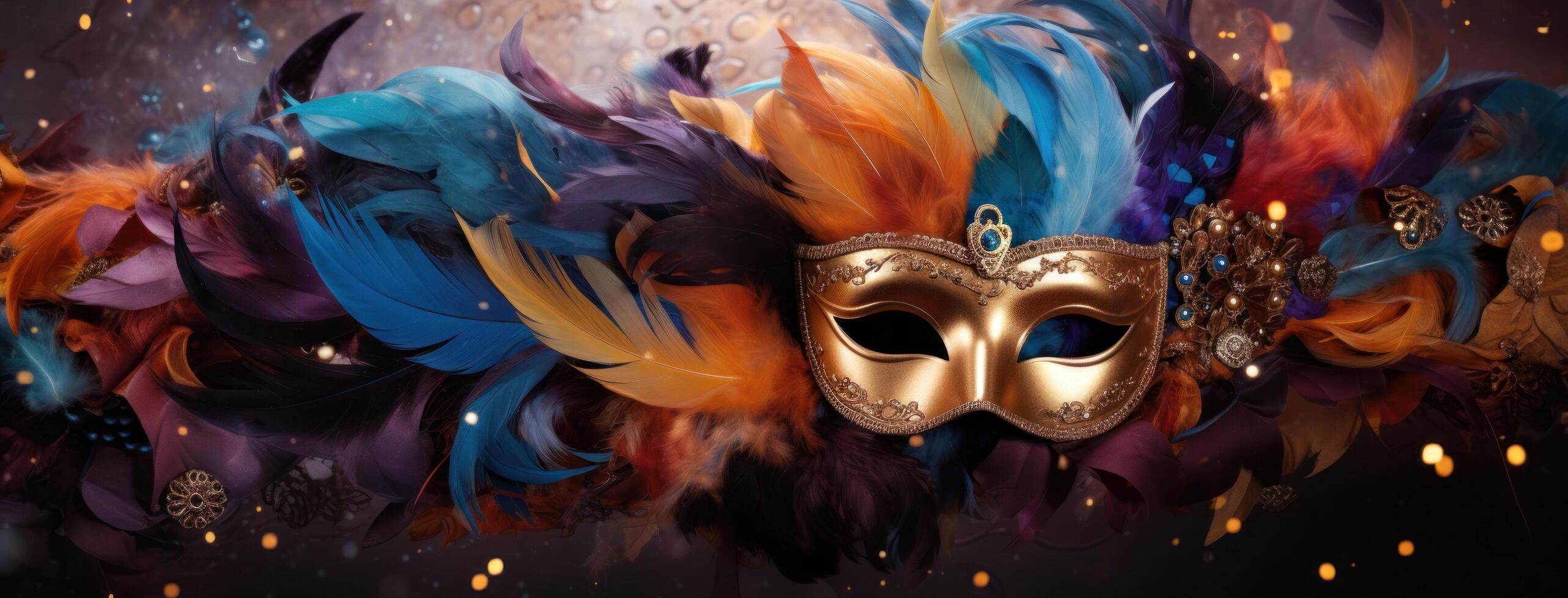 ai generado carnaval máscara en azul y púrpura color antecedentes con plumas foto