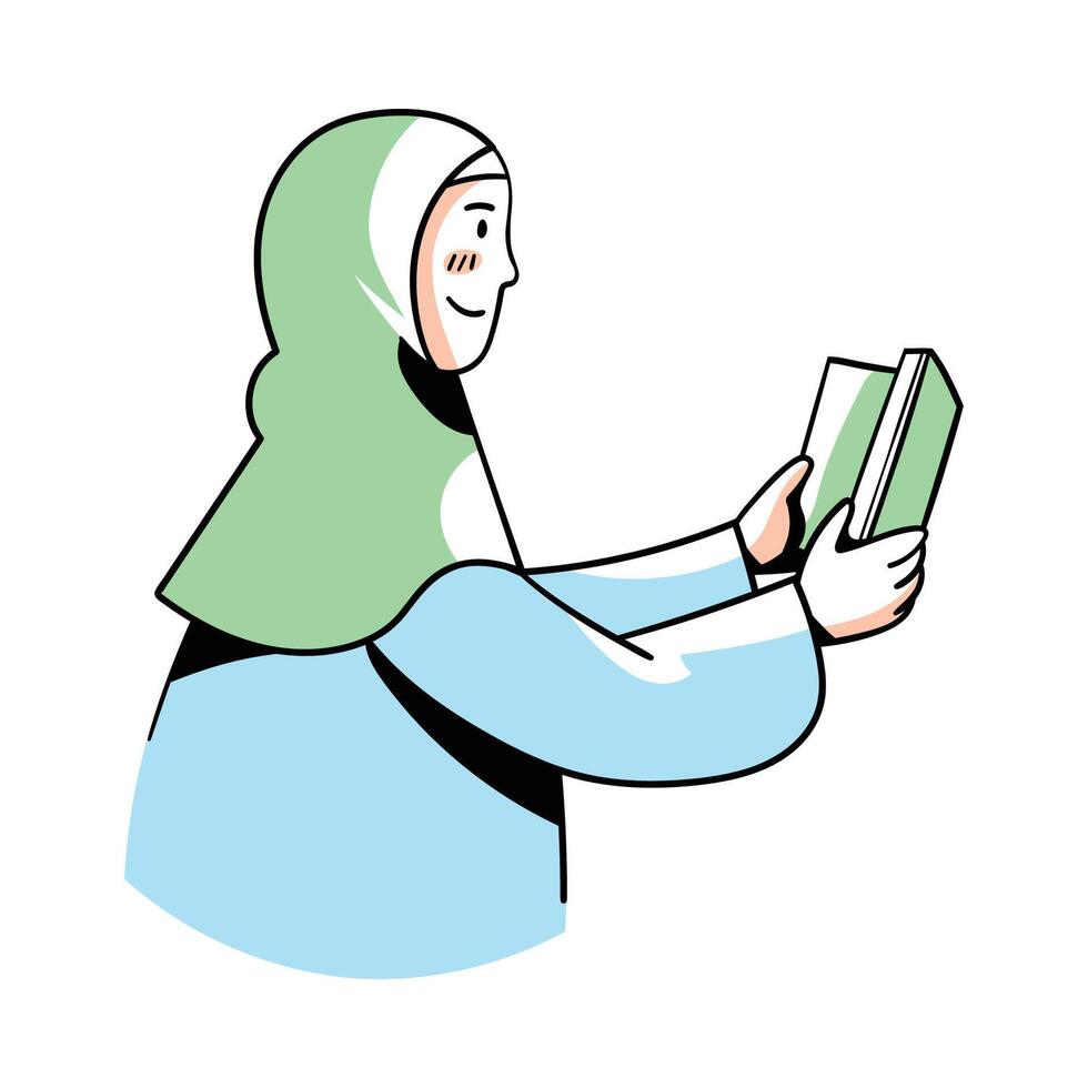 muslimah leyendo corán, vector mano dibujado ilustración
