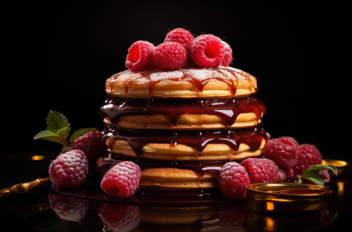 AI generated pancakes on stacked wooden platter with glaze and raspberries photo