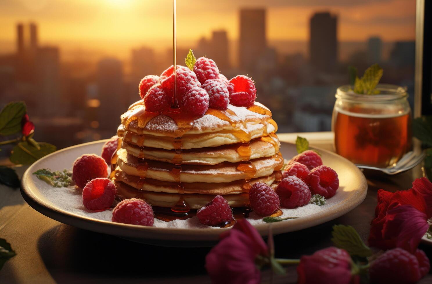 AI generated the stack of pancakes is topped with raspberries on a plate photo