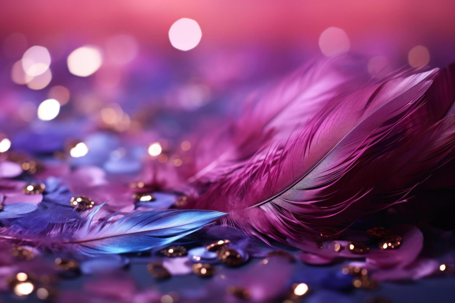 AI generated purple background with feathers and confetti photo