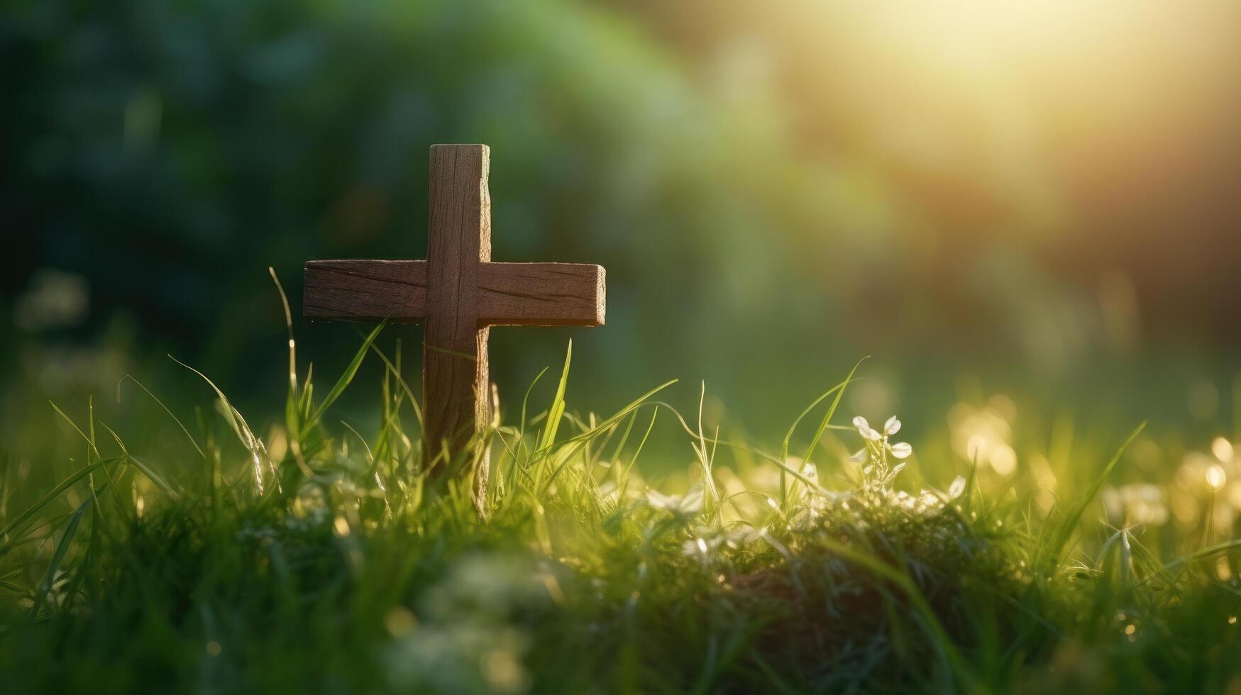 AI generated wooden cross on the green grass photo