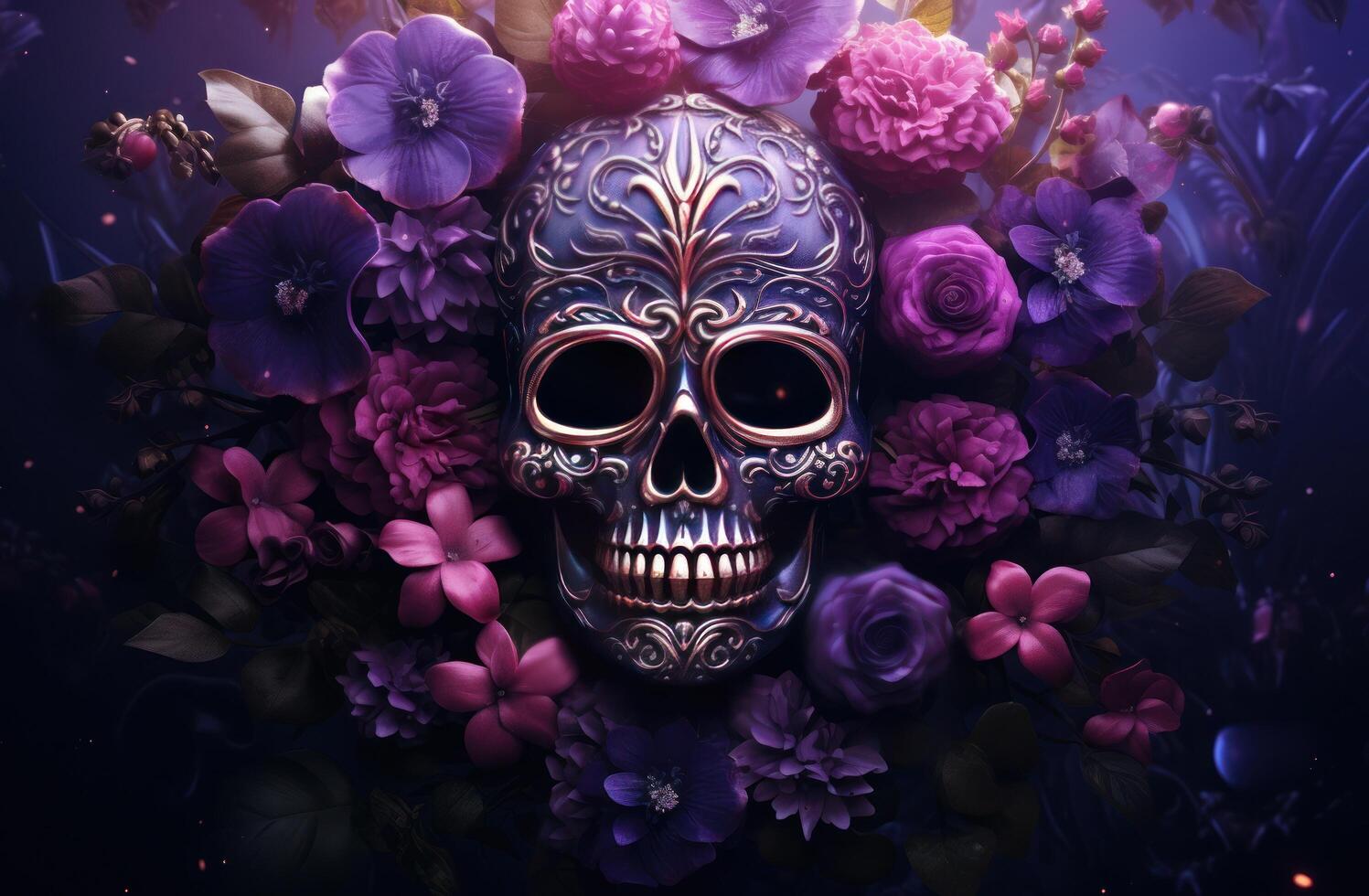 AI generated sugar skull, flowers and violet background photo