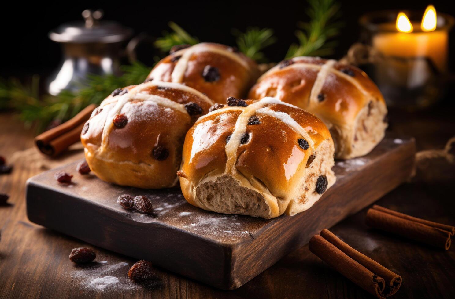 AI generated three raisin hot cross buns on top of a wooden surface photo
